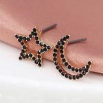 Faux gold mismatched star and crescent moon earrings with black crystals