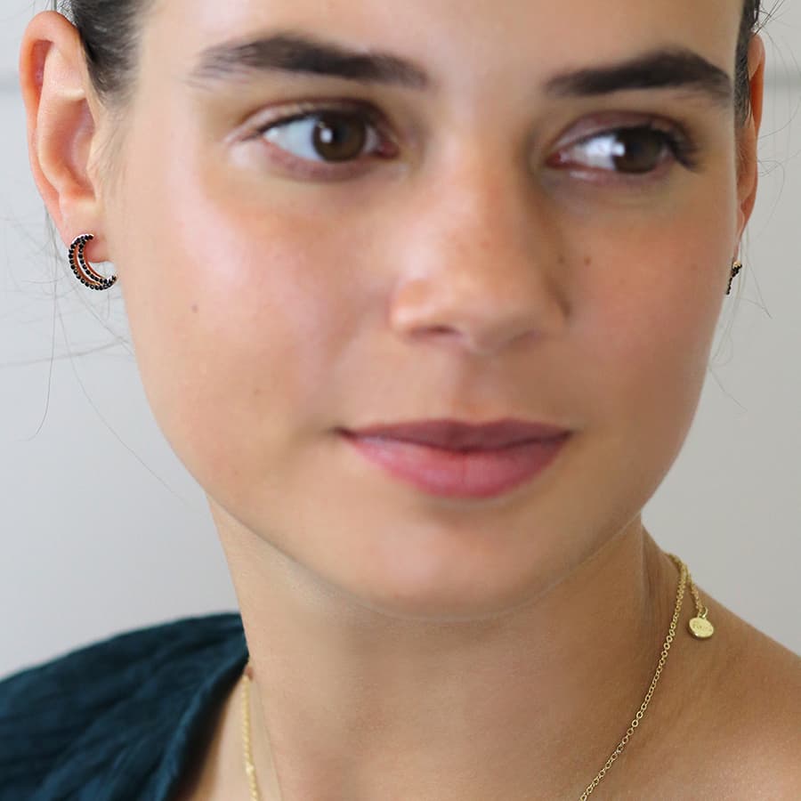 Faux gold mismatched star and crescent moon earrings with black crystals
