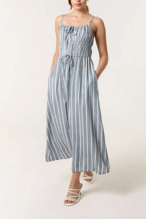 Stripe Print Double Tie Front Dress Denim