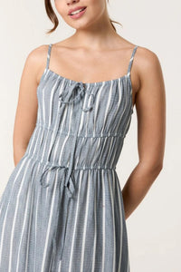 Stripe Print Double Tie Front Dress Denim