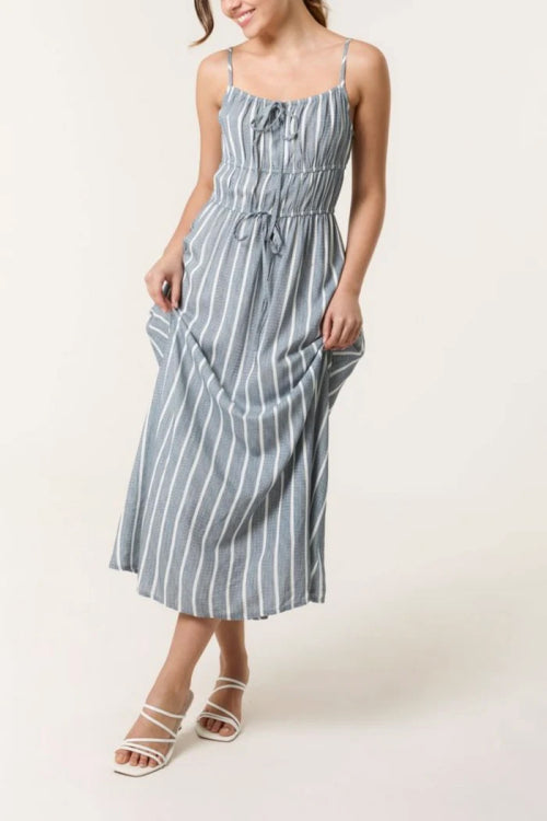 Stripe Print Double Tie Front Dress Denim