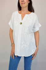 Floral Embroidered Cotton Button Top