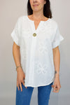 Floral Embroidered Cotton Button Top