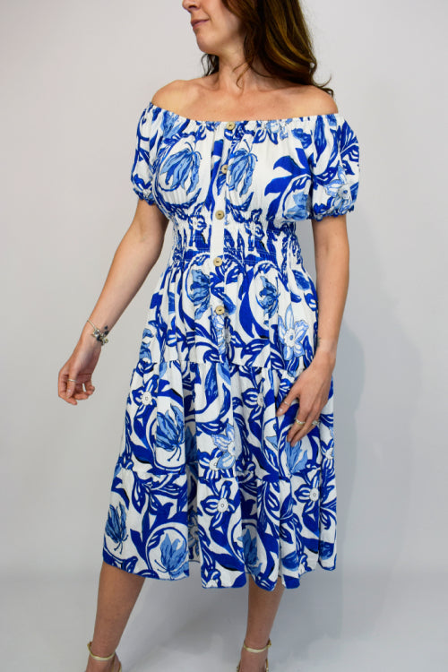Big Coloured Leaf Button Midi Dress