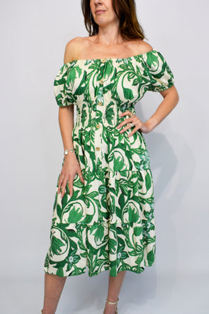 Big Coloured Leaf Button Midi Dress
