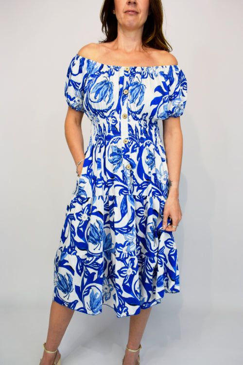 Big Coloured Leaf Button Midi Dress