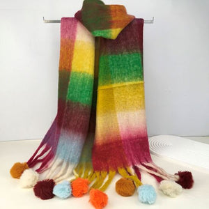 Winter Multi Patch Scarf with Pom Poms