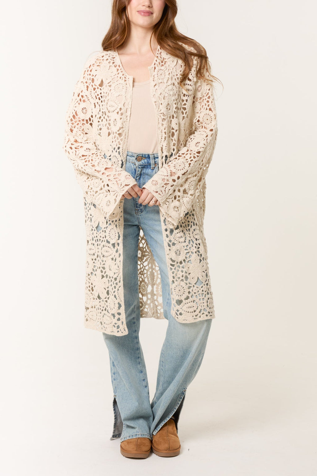 LONGLINE FLORAL CROCHET CARDIGAN