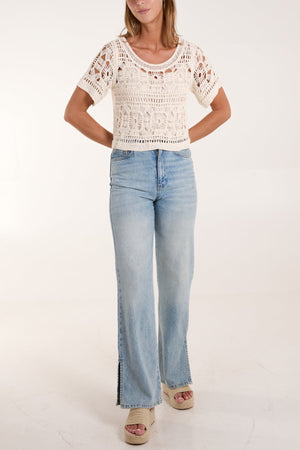 CROCHET CROPPED ROUND NECK TOP