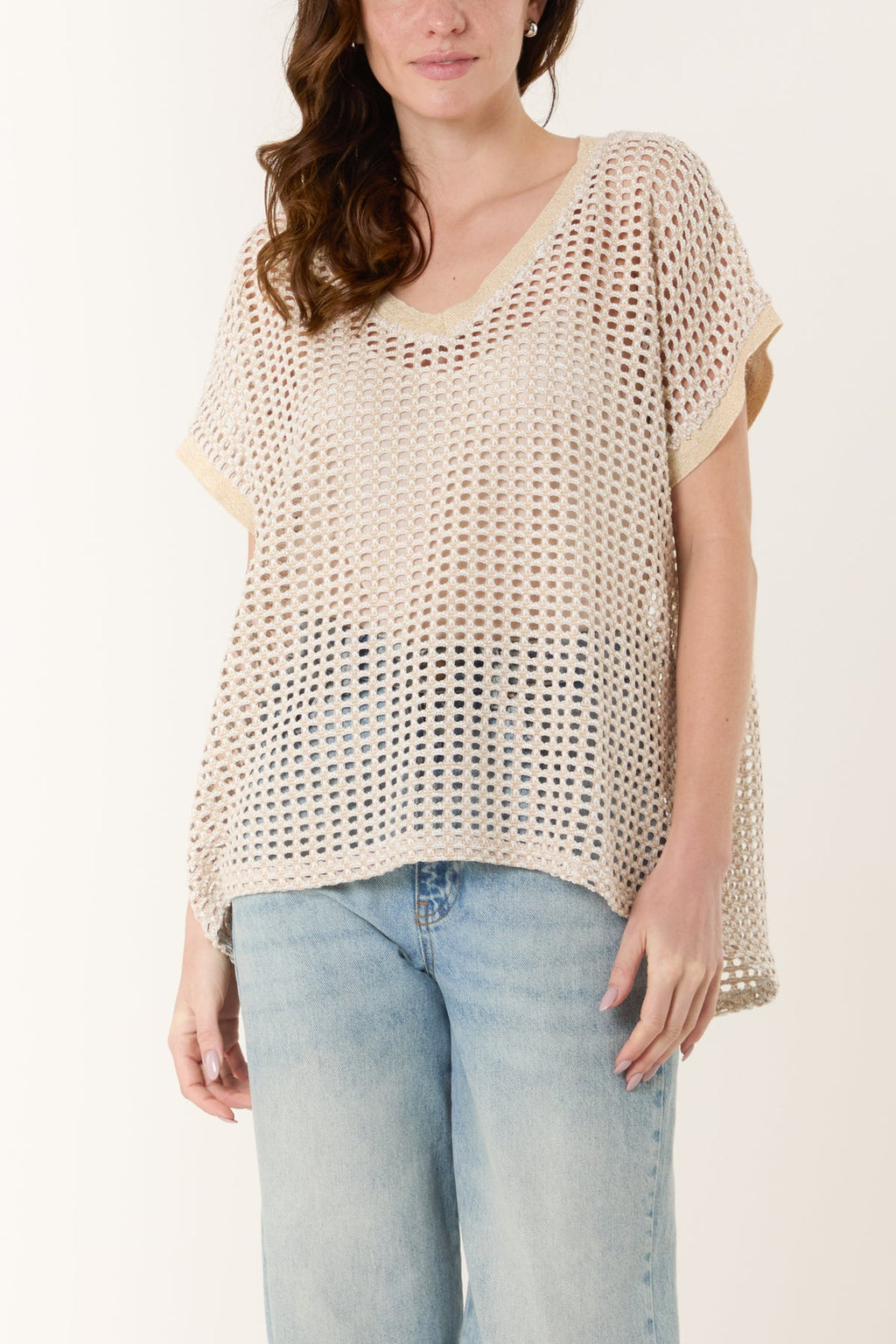 V-NECK NET LUREX CROCHET TOP