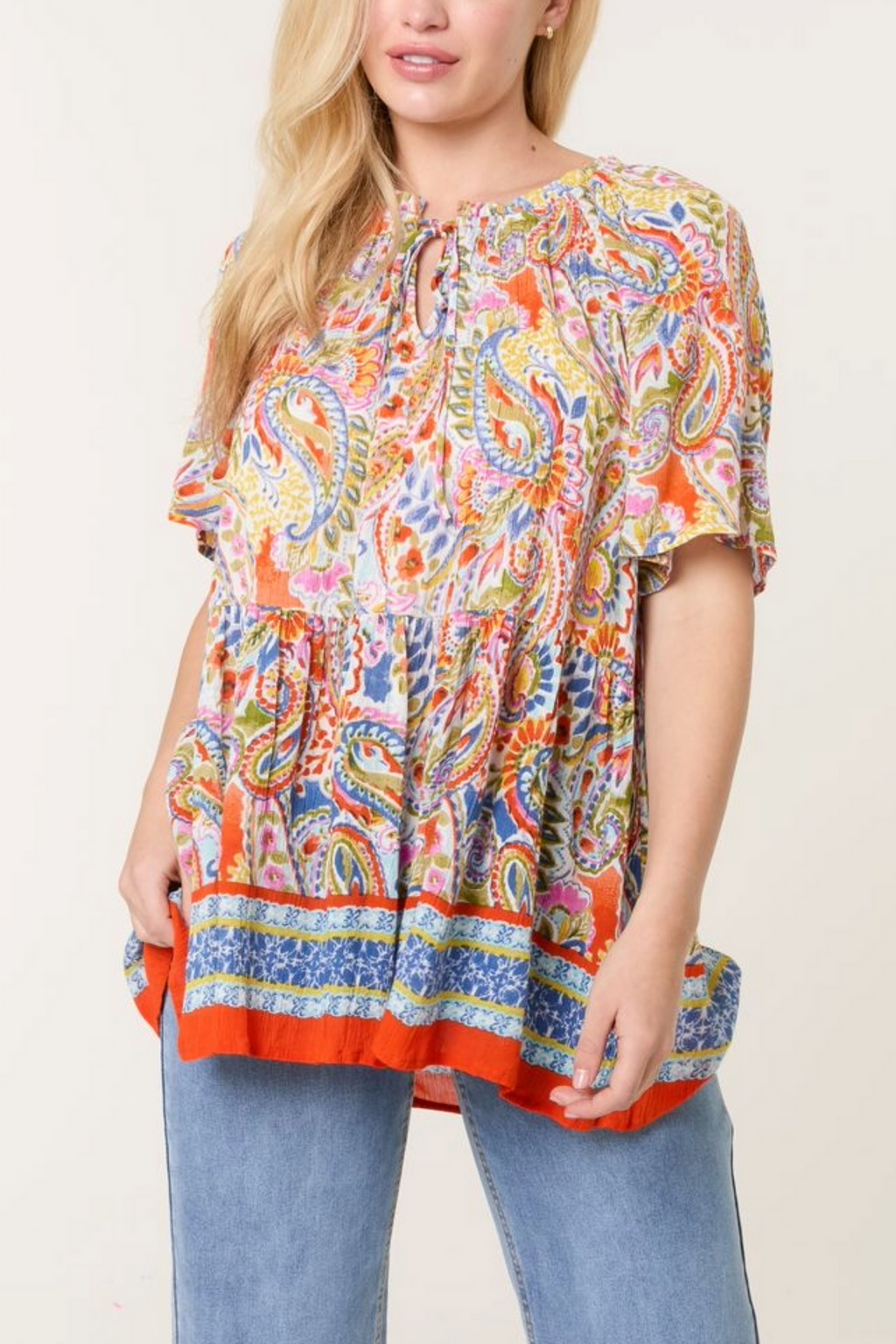 COLOURFUL PAISLEY TIE FRONT SMOCK TOP