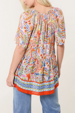 COLOURFUL PAISLEY TIE FRONT SMOCK TOP