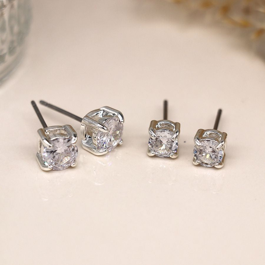 Silver plated clear crystal stud earring duo 3968