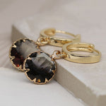 Golden hoop and smoky faceted glass drop earrings 3833