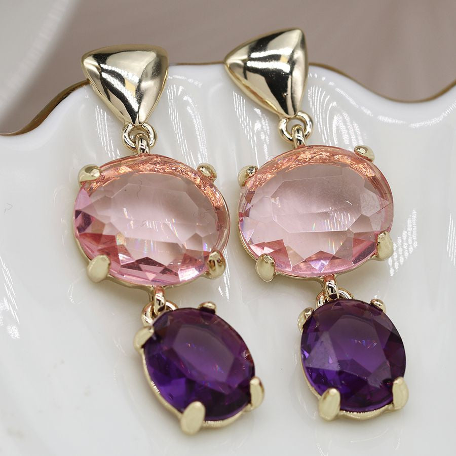 Golden triangle and pink/purple glass earrings 3846
