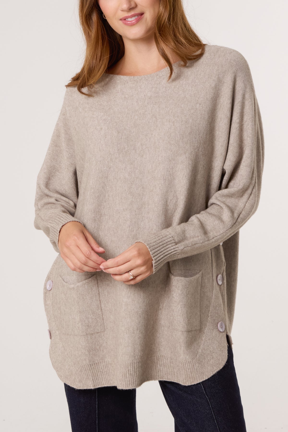 Pocket & Side Button Slash Neck Jumper