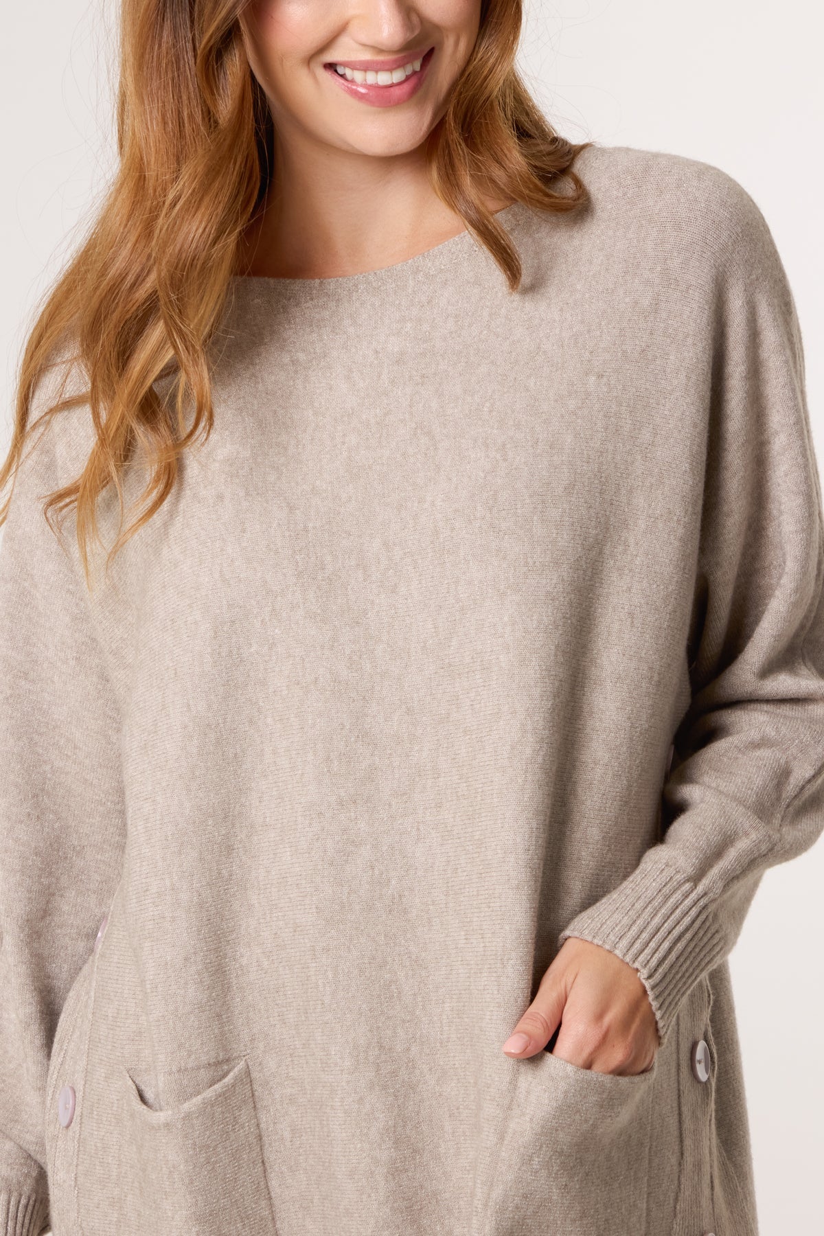 Pocket & Side Button Slash Neck Jumper