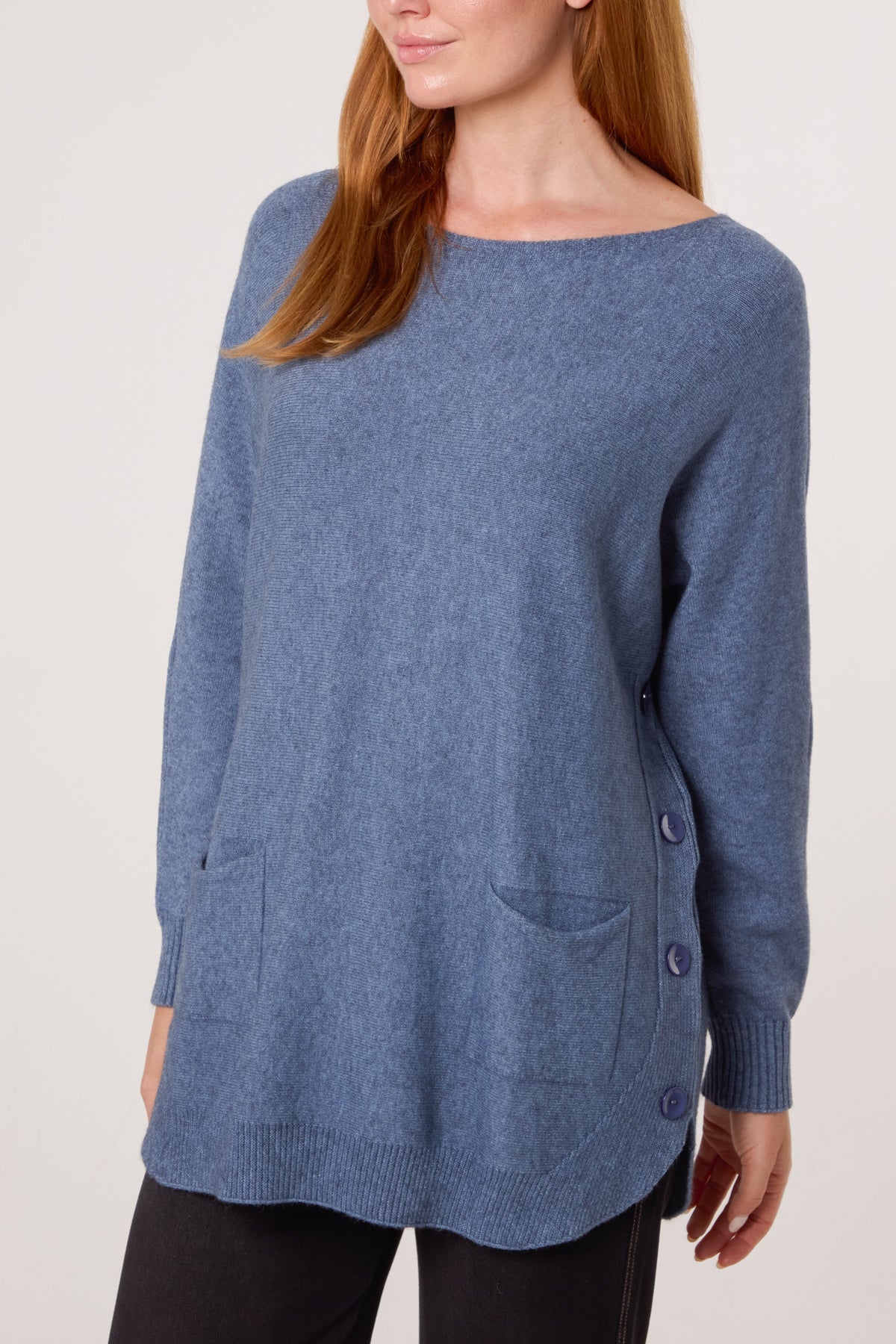 Pocket & Side Button Slash Neck Jumper