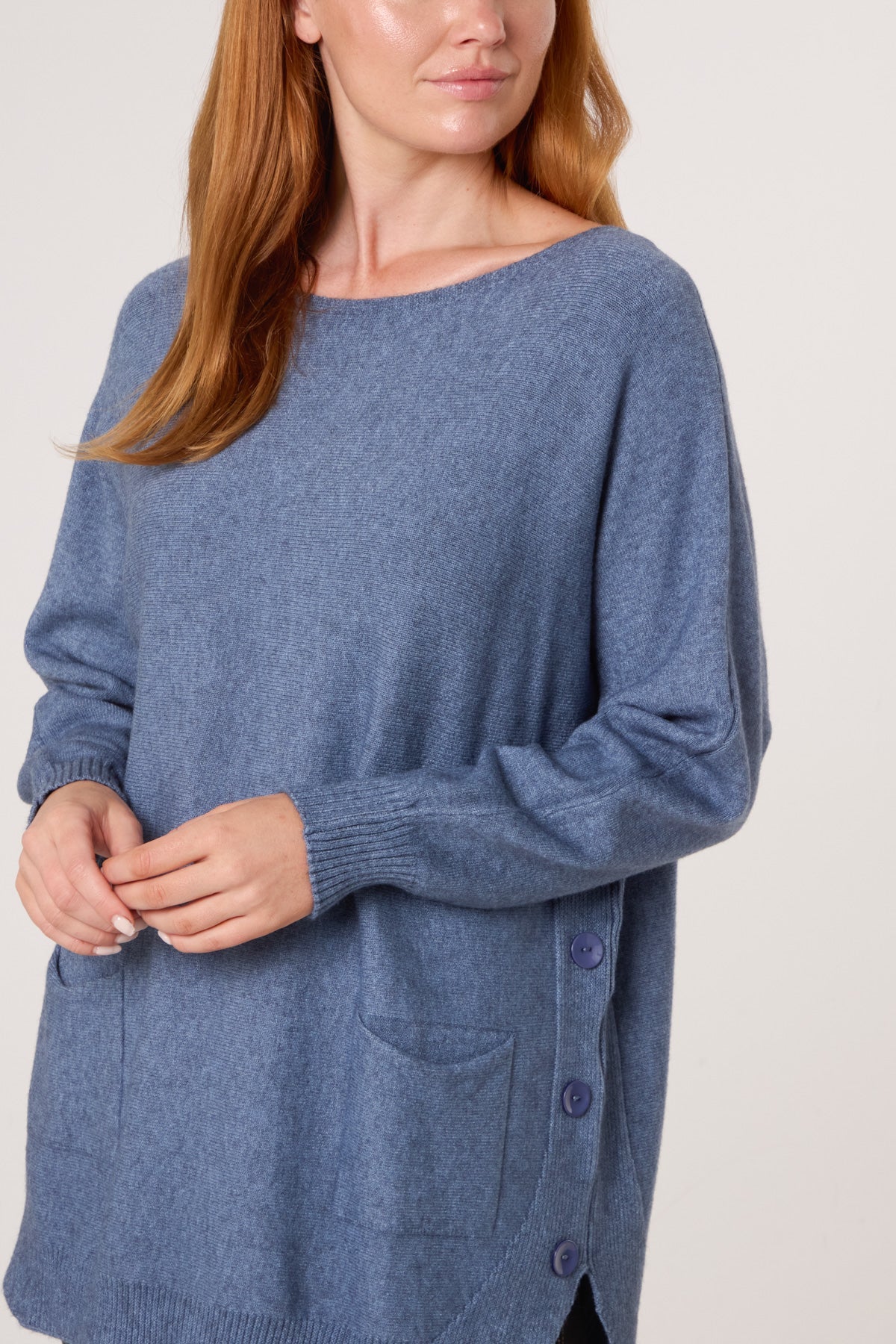 Pocket & Side Button Slash Neck Jumper