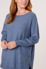 Pocket & Side Button Slash Neck Jumper