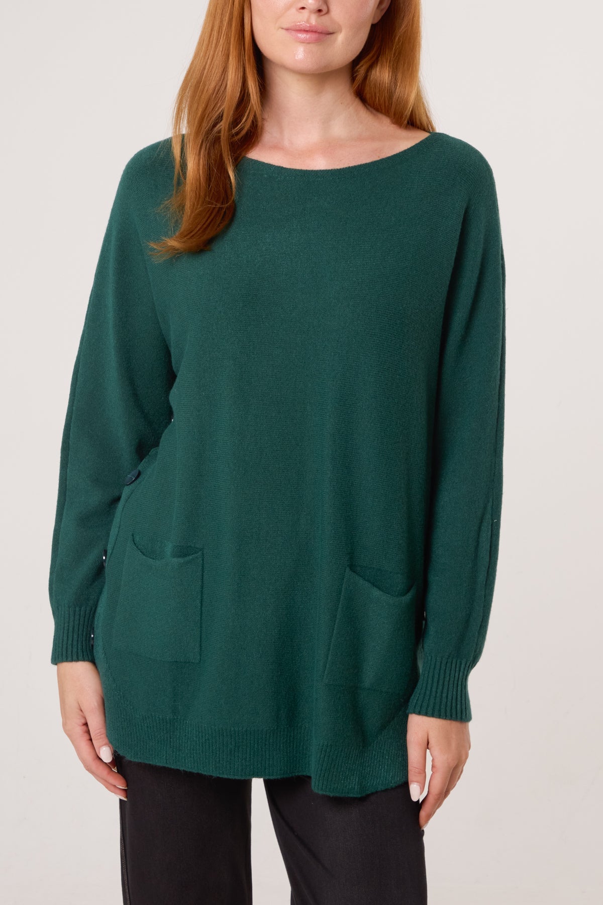 Pocket & Side Button Slash Neck Jumper