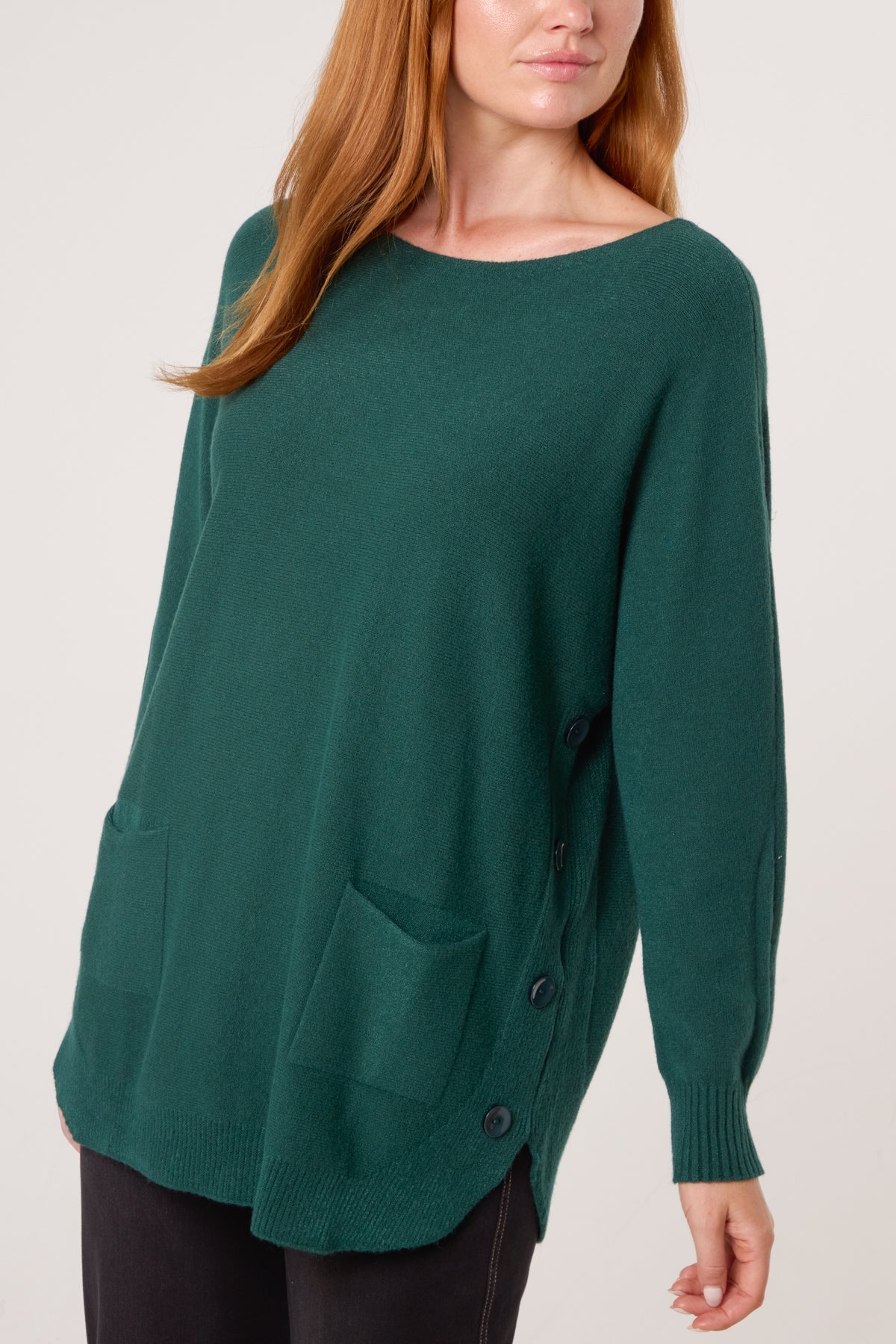 Pocket & Side Button Slash Neck Jumper