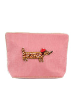 Dachshund Velvet Beaded Pouch – Pink