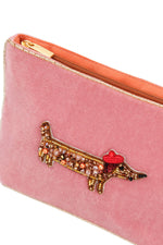 Dachshund Velvet Beaded Pouch – Pink