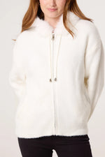 Fluffy Knit Hoodie with Faux-Fur Trim