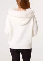 Fluffy Knit Hoodie with Faux-Fur Trim