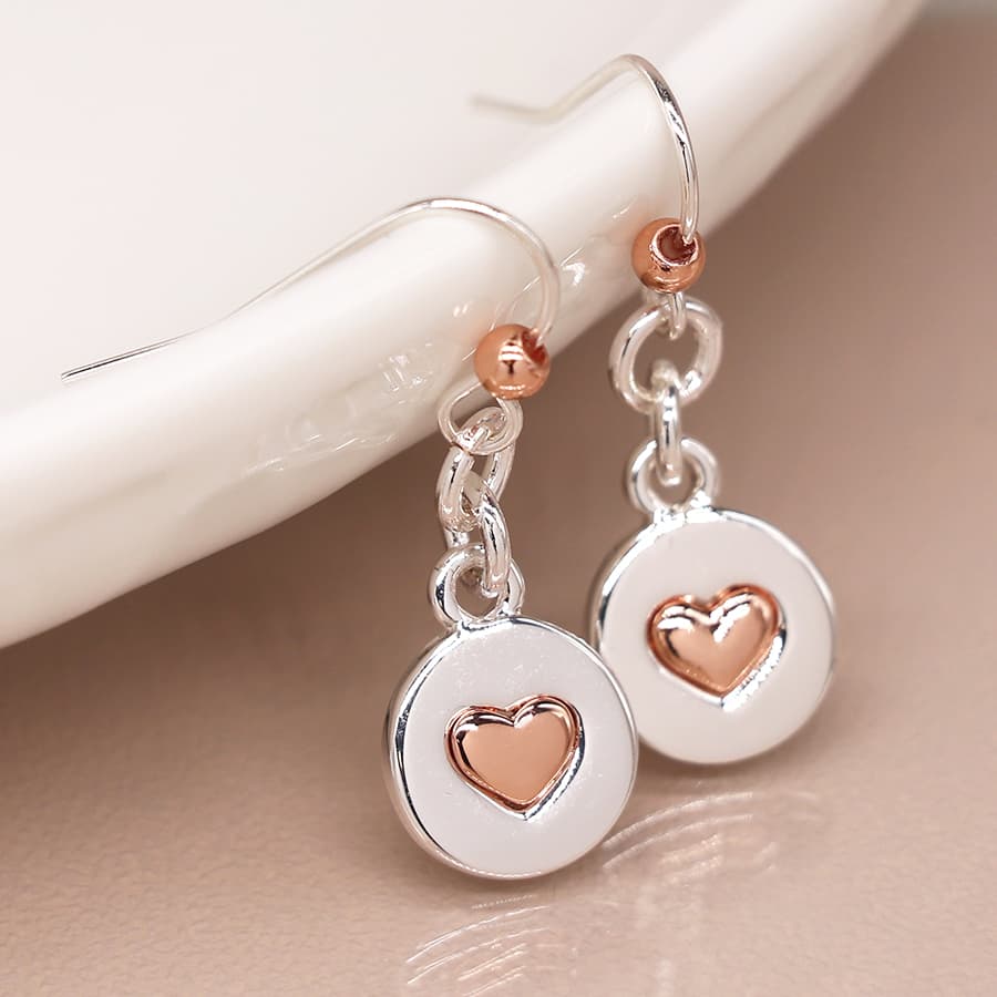 Rose gold heart on silver disc drop earrings