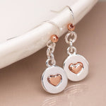 Rose gold heart on silver disc drop earrings