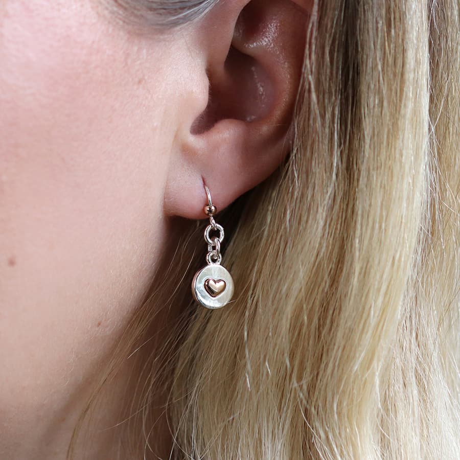 Rose gold heart on silver disc drop earrings