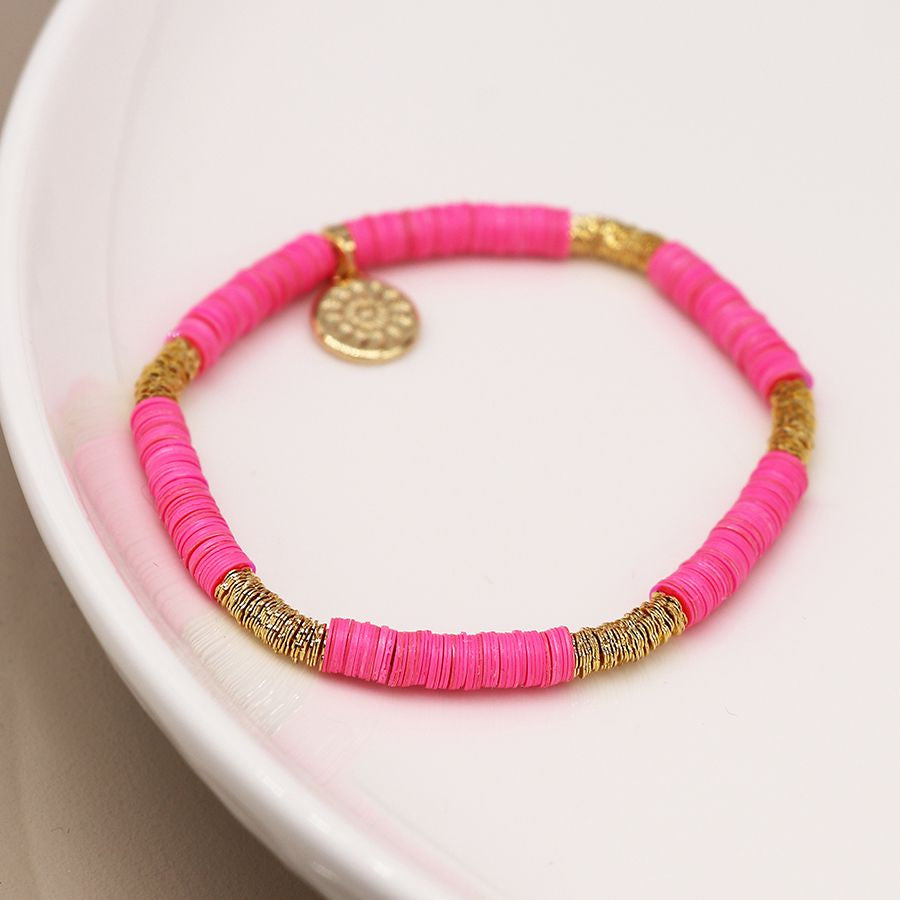 Hot pink fimo bead and gold bracelet 3994
