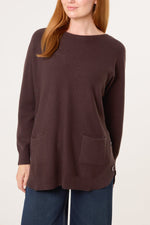 Pocket & Side Button Slash Neck Jumper