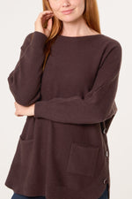 Pocket & Side Button Slash Neck Jumper