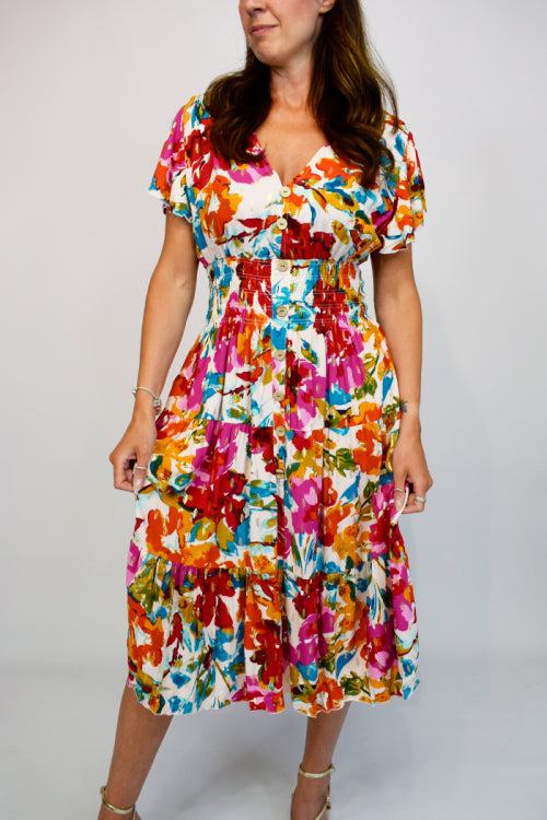 Abstract Watercolour Button Front Midi Dress