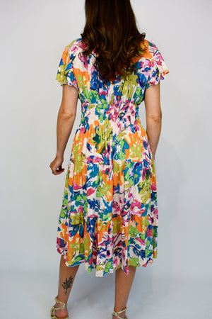 Abstract Watercolour Button Front Midi Dress