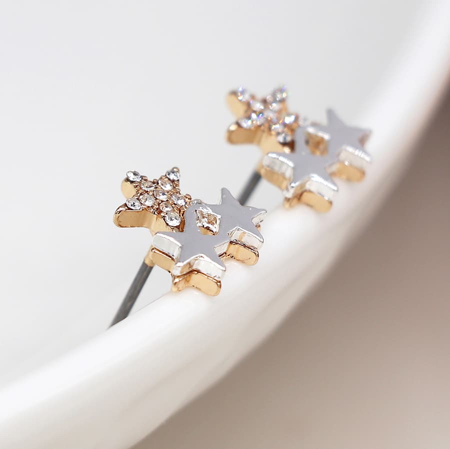 Faux gold and silver plated triple star stud earrings with crystals