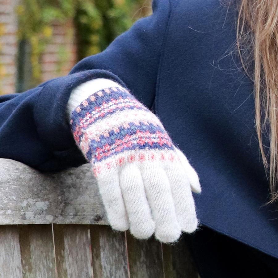 Cream and coral mix fair isle gloves