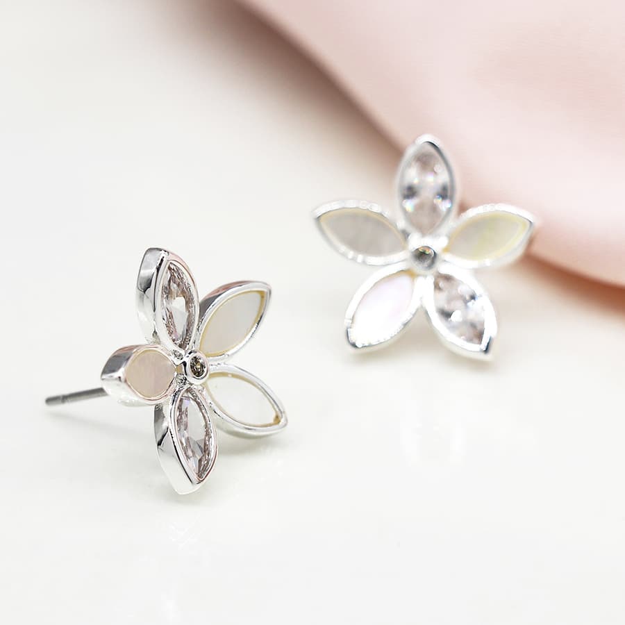 Silver plated, shell and crystal flower earrings