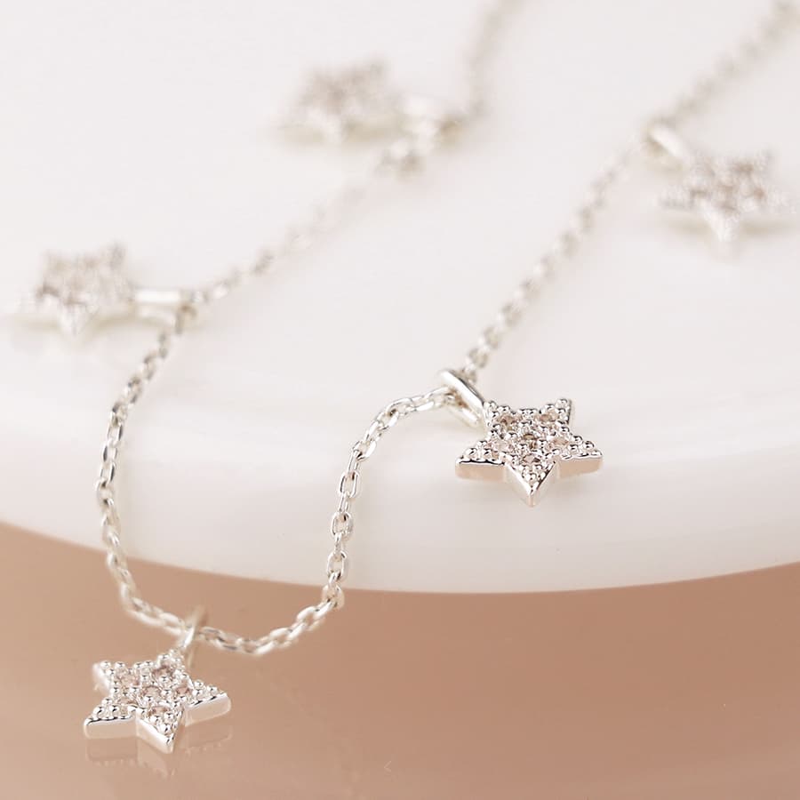 Silver plated chain and crystal star drops necklace