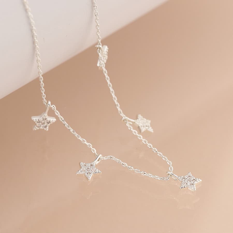 Silver plated chain and crystal star drops necklace