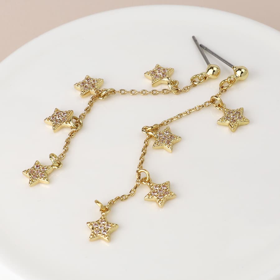 Golden fine chain and crystal star drop earrings