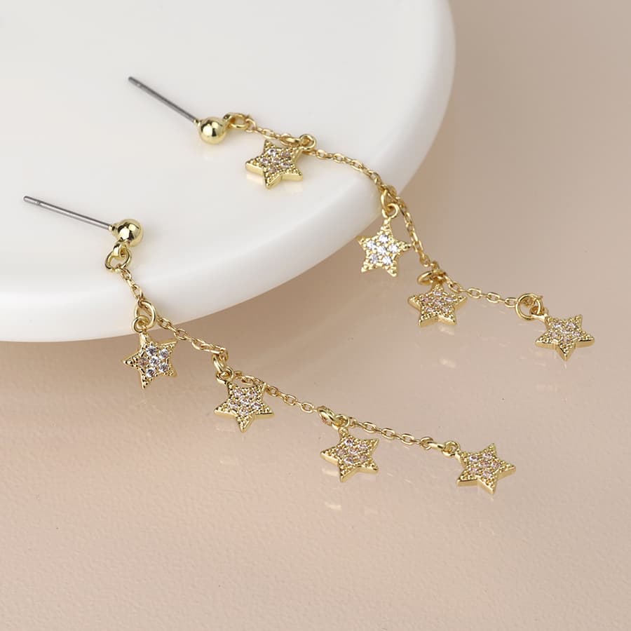 Golden fine chain and crystal star drop earrings