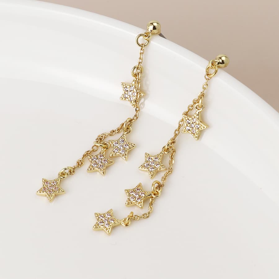 Golden fine chain and crystal star drop earrings