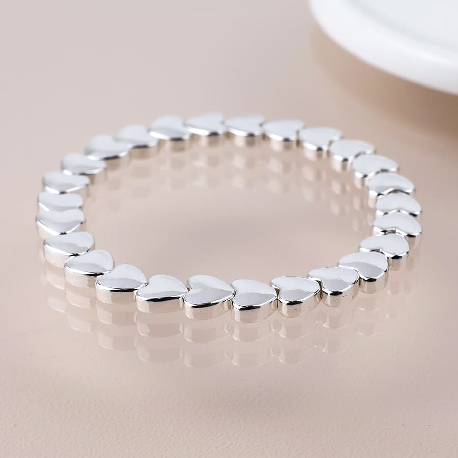Silver plated polished small hearts stretch bracelet