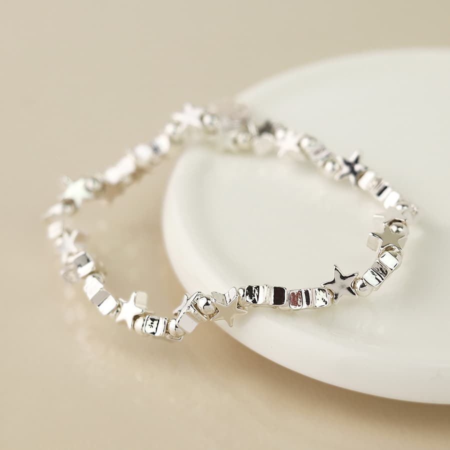 Silver plated polished stars bead bracelet