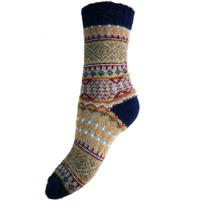 BLUE, GREY AND BURGUNDY SCANDI PATTERNED SOFT WOOL BLEND SOCKS