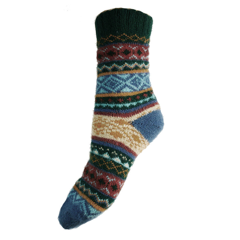 BLUE, ORANGE AND BROWN SCANDI PATTERNED SOFT WOOL BLEND SOCKS
